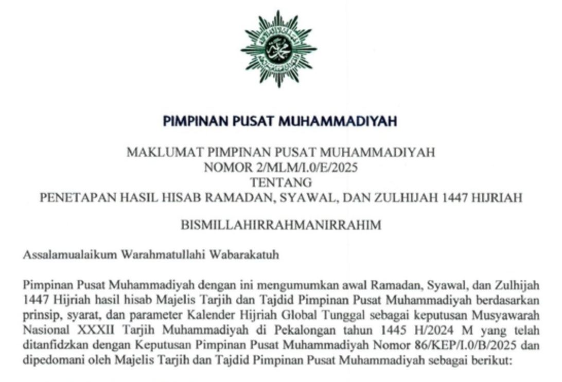 Pernyataan PP Muhammadiyah Terkait Penetapan 1 Syawal 1447 H Jatuh Pada 20 Maret 2026